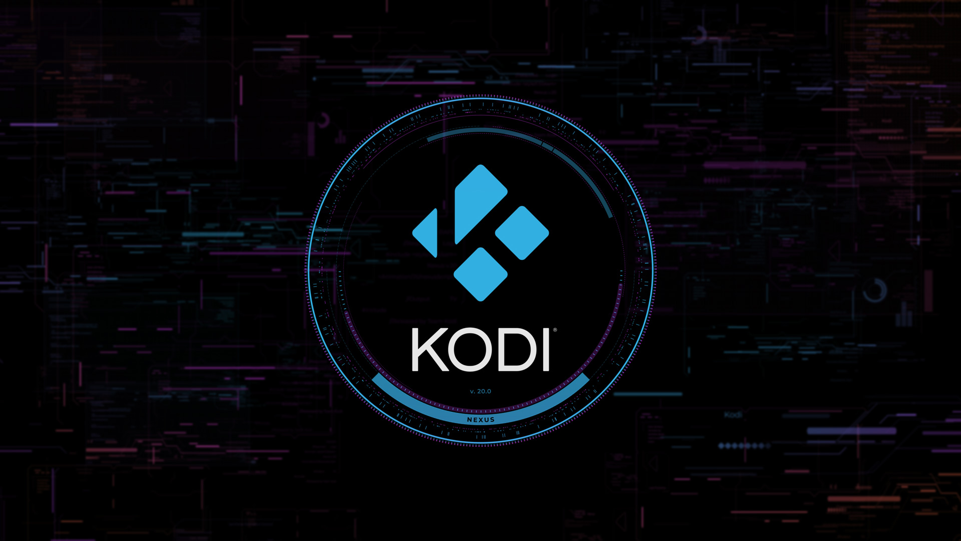 Kodi 20.0 "Nexus" Splash Screen - a blue Kodi logo sits in the centre of a black page, around it, a dial - a gauge or chronograph, perhaps.